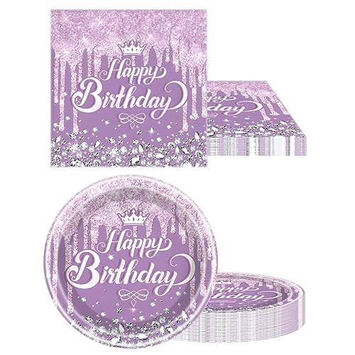 OULUN Purple Glitter Diamond Birthday Party Tableware Set – 20 Plates, 20 Napkins, and Tablecloth