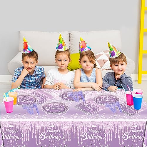 OULUN Purple Glitter Diamond Birthday Party Tableware Set – 20 Plates, 20 Napkins, and Tablecloth