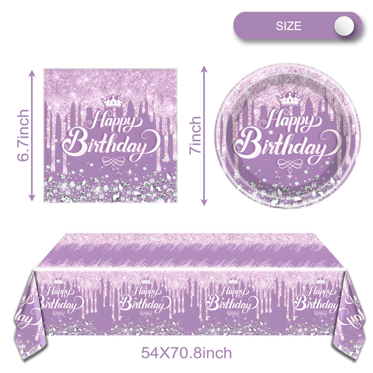 OULUN Purple Glitter Diamond Birthday Party Tableware Set – 20 Plates, 20 Napkins, and Tablecloth