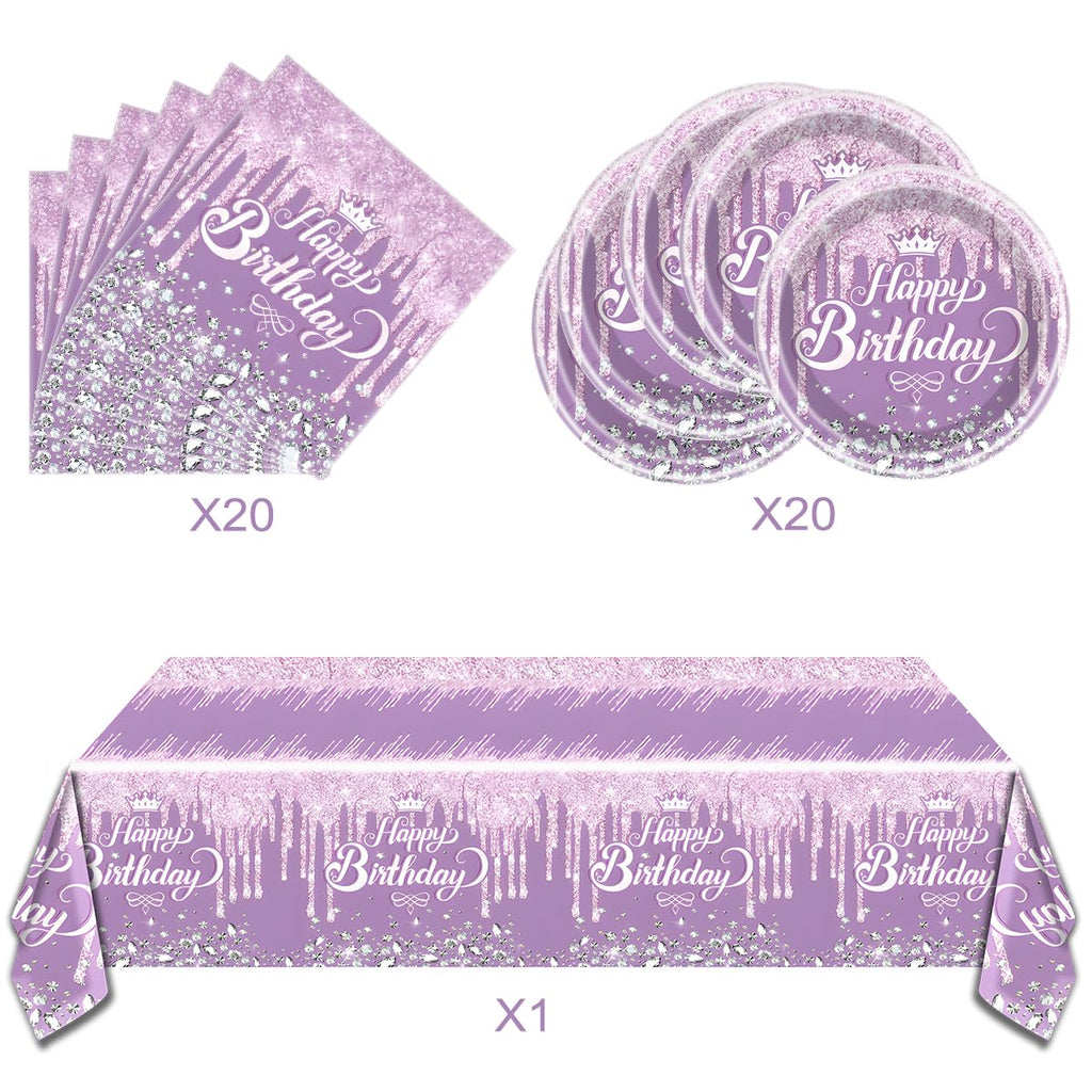 OULUN Purple Glitter Diamond Birthday Party Tableware Set – 20 Plates, 20 Napkins, and Tablecloth