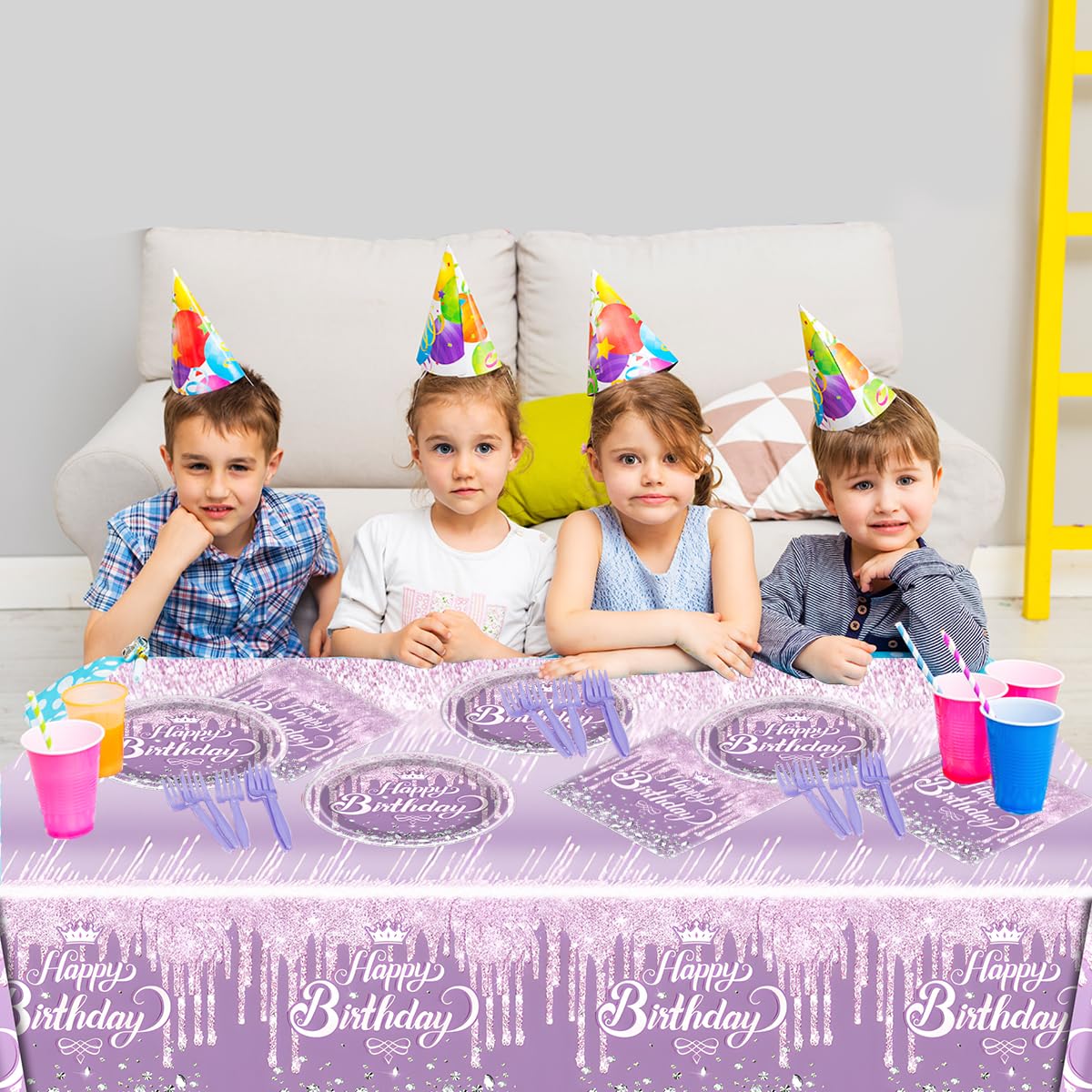 OULUN Purple Glitter Diamond Birthday Party Tableware Set – 20 Plates, 20 Napkins, and Tablecloth