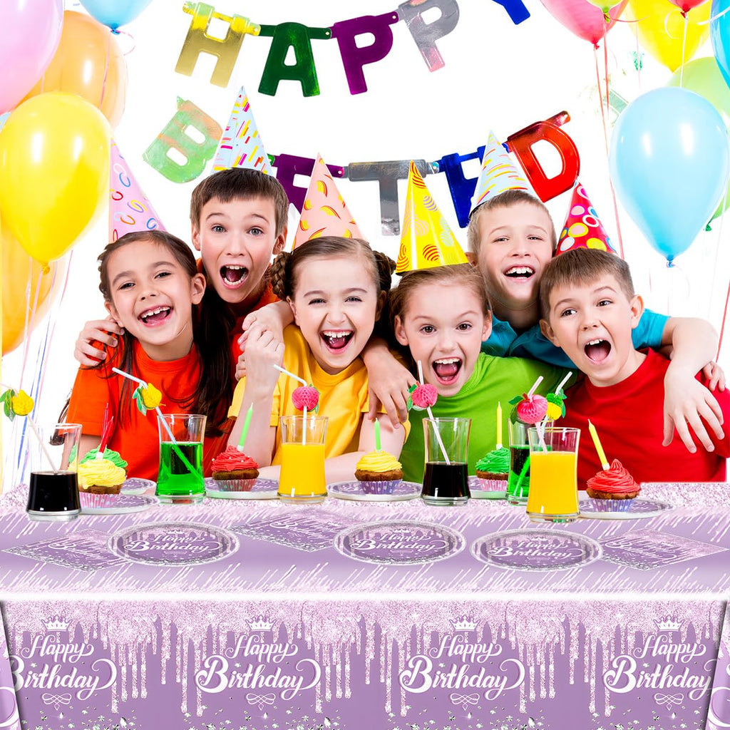 OULUN Purple Glitter Diamond Birthday Party Tableware Set – 20 Plates, 20 Napkins, and Tablecloth