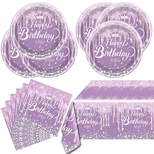 OULUN Purple Glitter Diamond Birthday Party Tableware Set – 20 Plates, 20 Napkins, and Tablecloth