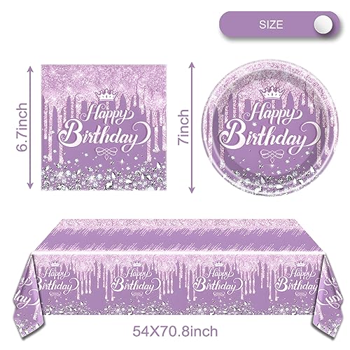 OULUN Purple Glitter Diamond Birthday Party Tableware Set – 20 Plates, 20 Napkins, and Tablecloth