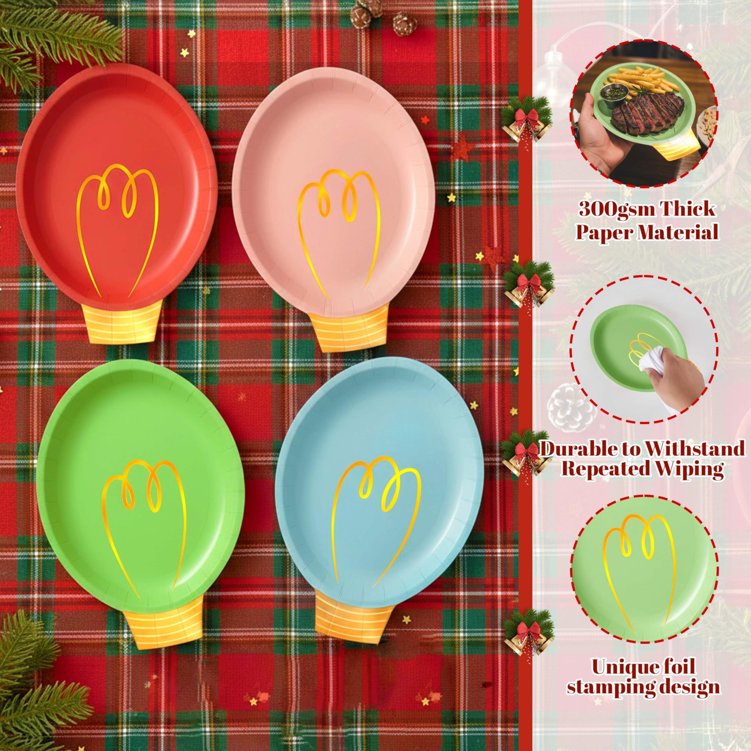 OuMuaMua 100-Piece Christmas Party Plates Set - Heavy Duty Disposable Dinnerware with Light Bulb Design and Gold Foil, Serve 50 Guests