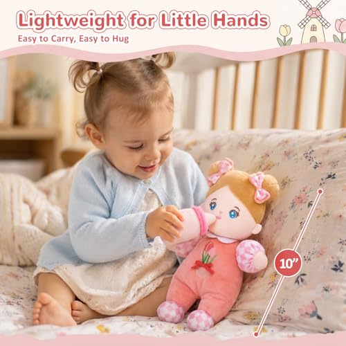OUOZZZ Soft Baby Doll 10" Tulip Pink – Cuddly First Birthday Gift for 1 Year Old Girl