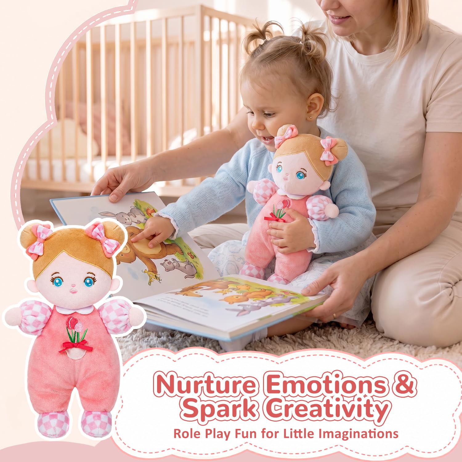 OUOZZZ Soft Baby Doll 10" Tulip Pink – Cuddly First Birthday Gift for 1 Year Old Girl