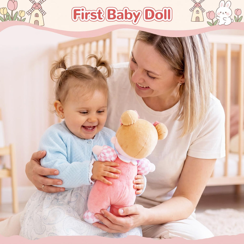 OUOZZZ Soft Baby Doll 10" Tulip Pink – Cuddly First Birthday Gift for 1 Year Old Girl