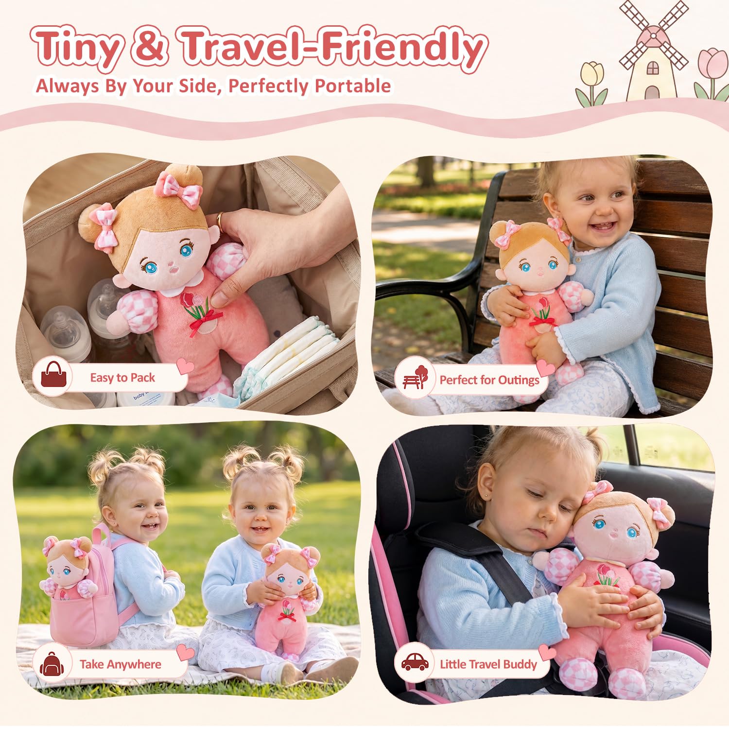 OUOZZZ Soft Baby Doll 10" Tulip Pink – Cuddly First Birthday Gift for 1 Year Old Girl
