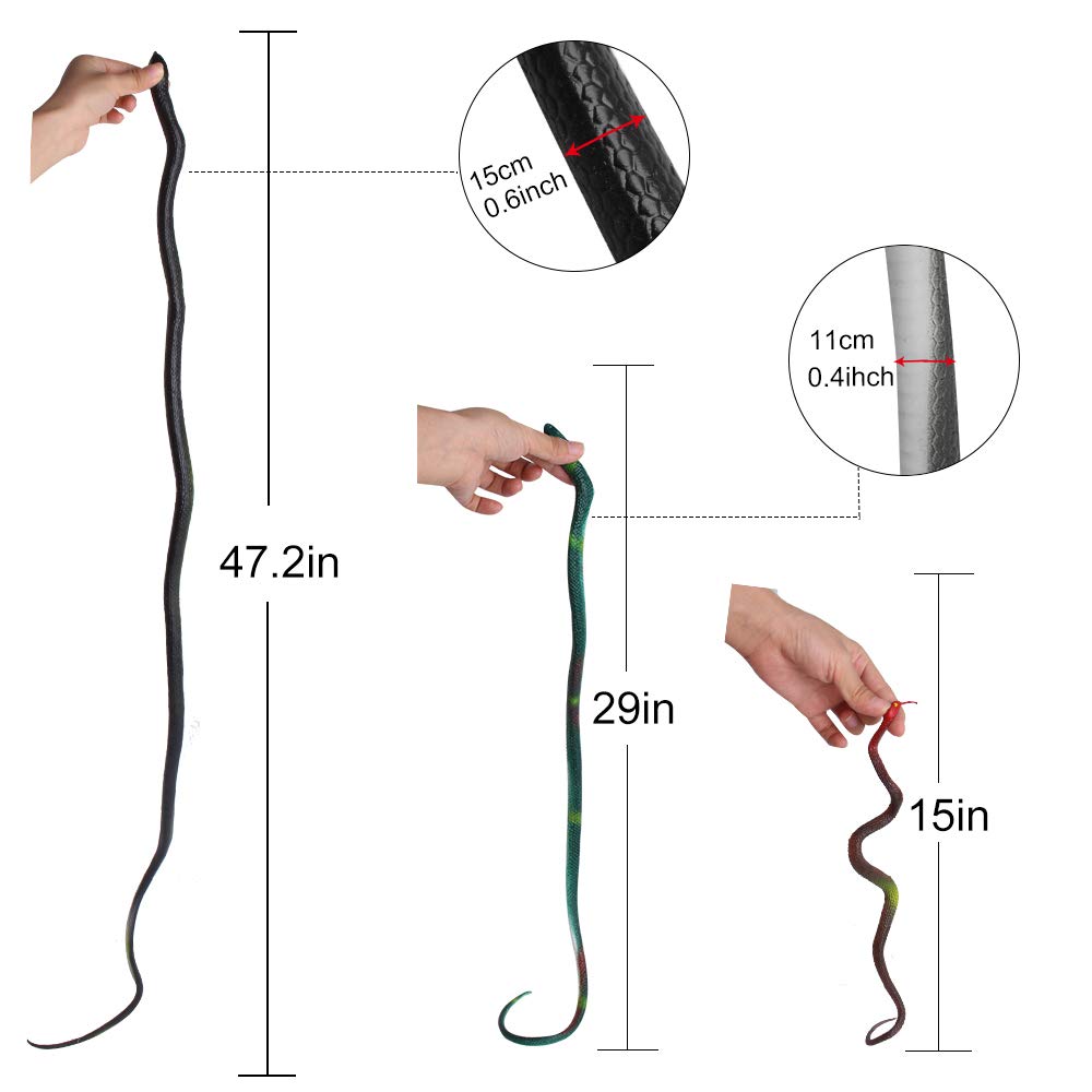 Outee 7-Pack Lifelike Rubber Snakes - 3 Sizes Up to 47.2 Inches - Fake Snake Props for Garden Deterrent, Pranks & Party Decor
