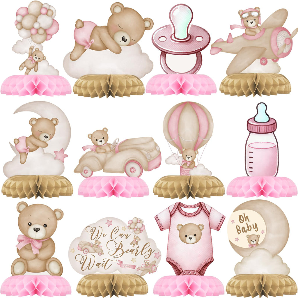 Outego Pink Bear Party Centerpiece Set - 12 Teddy Bear Table Toppers for Kids' Birthday & Baby Shower Decorations