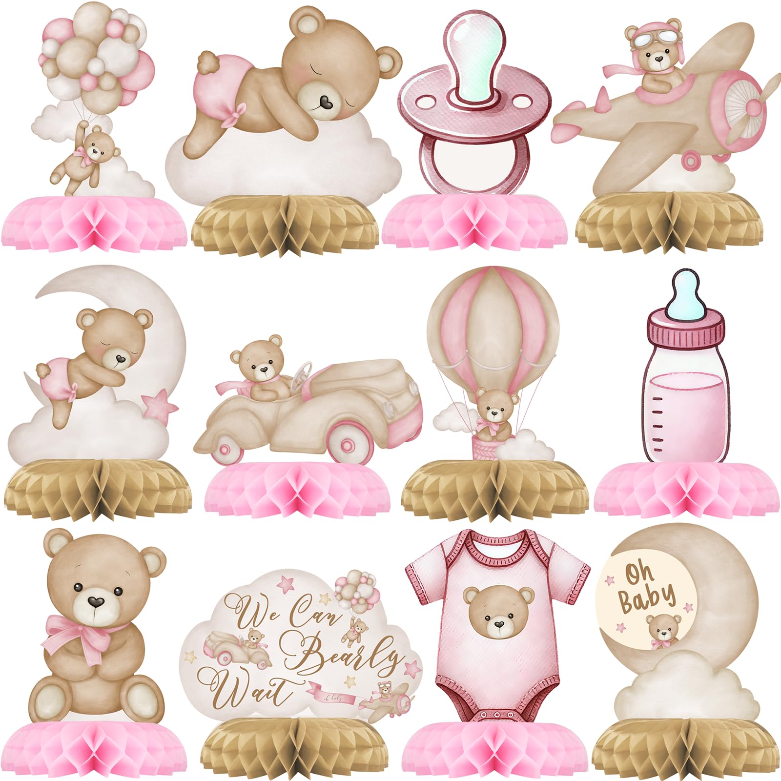 Outego Pink Bear Party Centerpiece Set - 12 Teddy Bear Table Toppers for Kids' Birthday & Baby Shower Decorations
