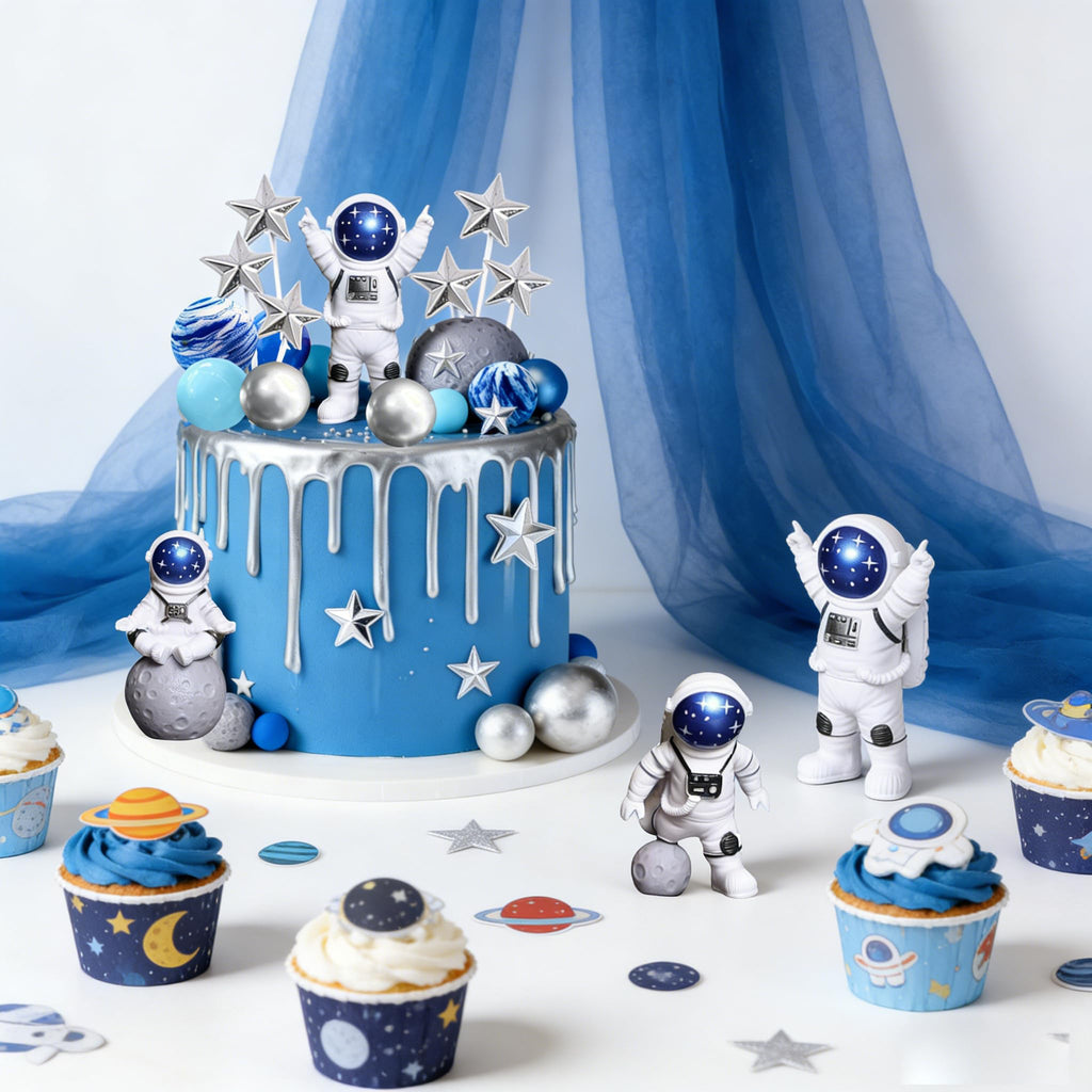 Outer Space Cake Toppers Set – Astronaut, Planet, Rocket Figurines for Birthday Party Decor