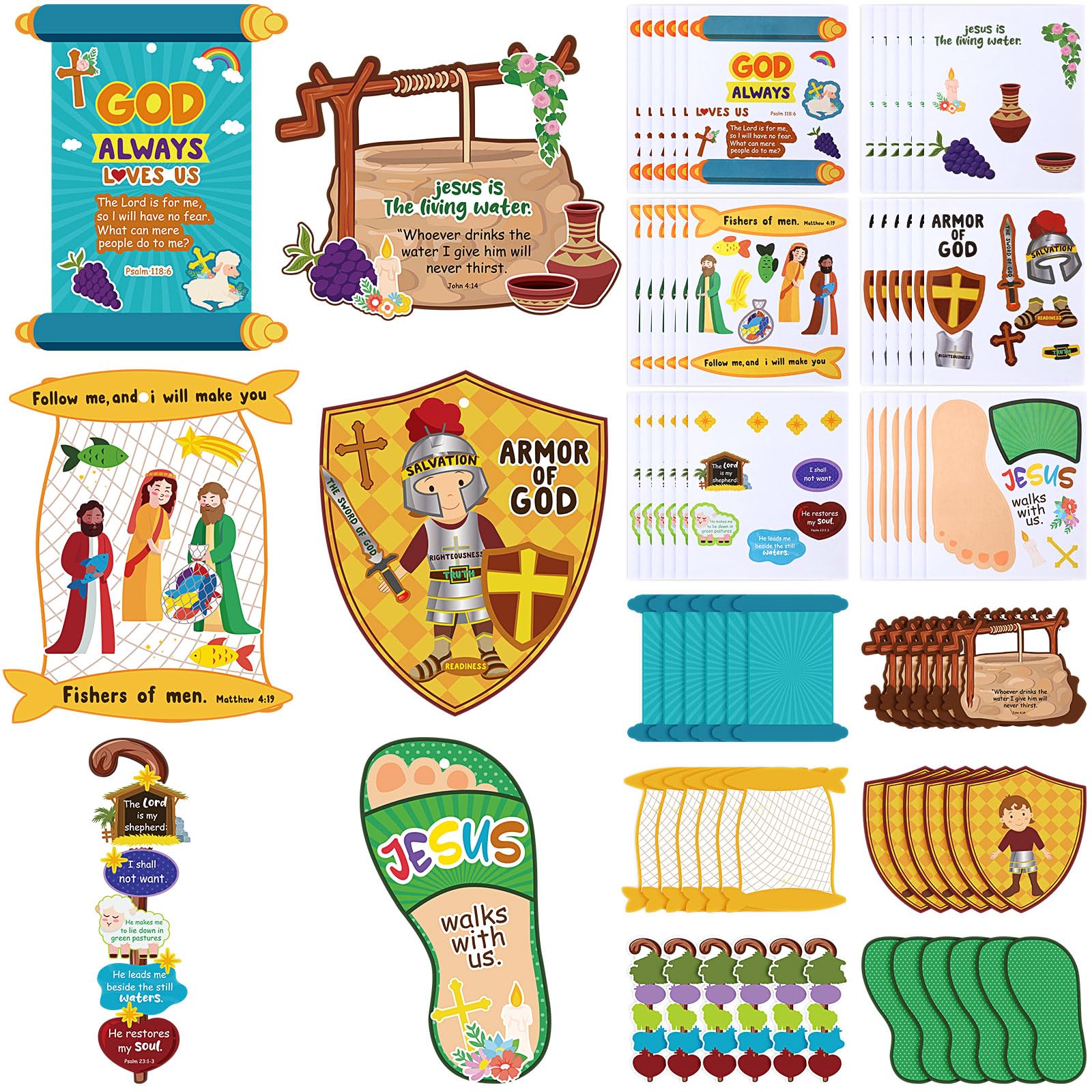 Outus 36-Pack Armor of God Sunday School Craft Kit for Kids - Bible Hanging Decor with Stickers and Ropes