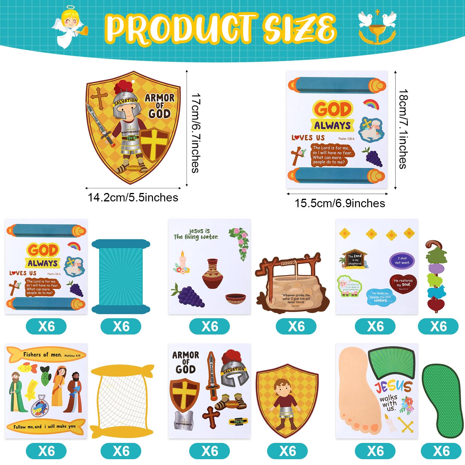 Outus 36-Pack Armor of God Sunday School Craft Kit for Kids - Bible Hanging Decor with Stickers and Ropes
