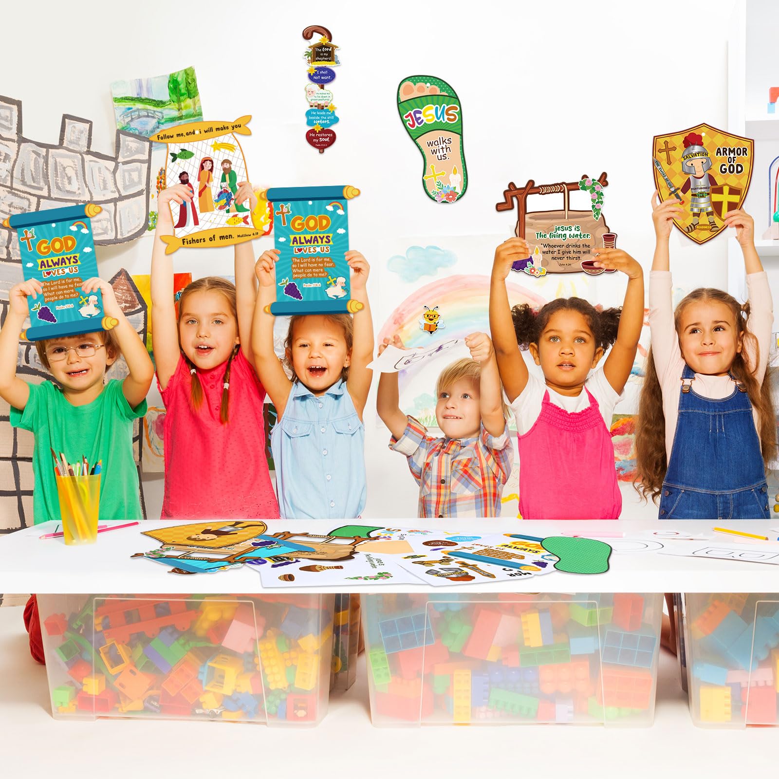 Outus 36-Pack Armor of God Sunday School Craft Kit for Kids - Bible Hanging Decor with Stickers and Ropes