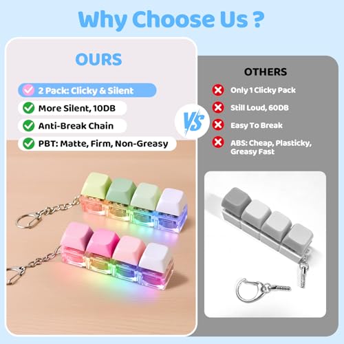 OUTXE 2 Pack Keyboard Fidget Toy – Light Up Clicky & Silent Keychain for Stress Relief and Focus