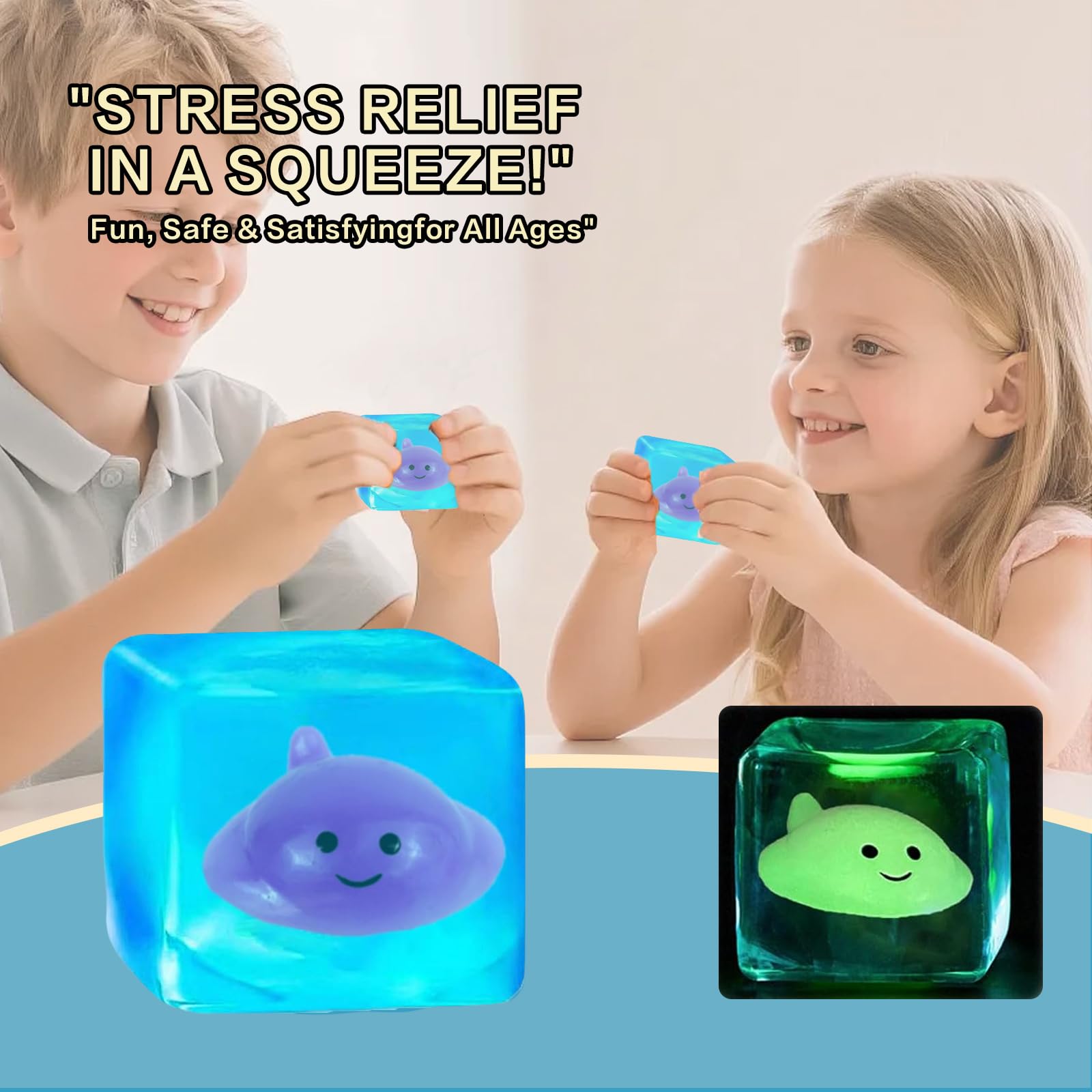 Ovemru Devil Fish Blue Slow-Rising Squishy Stress Cube with Glow-in-Dark Manta Ray - 5.5cm Maltose Filled Fidget Toy