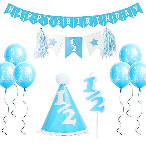 Over The Line Half Birthday Party Pack – Blue Theme with Candle, Balloons, Hat & Banners