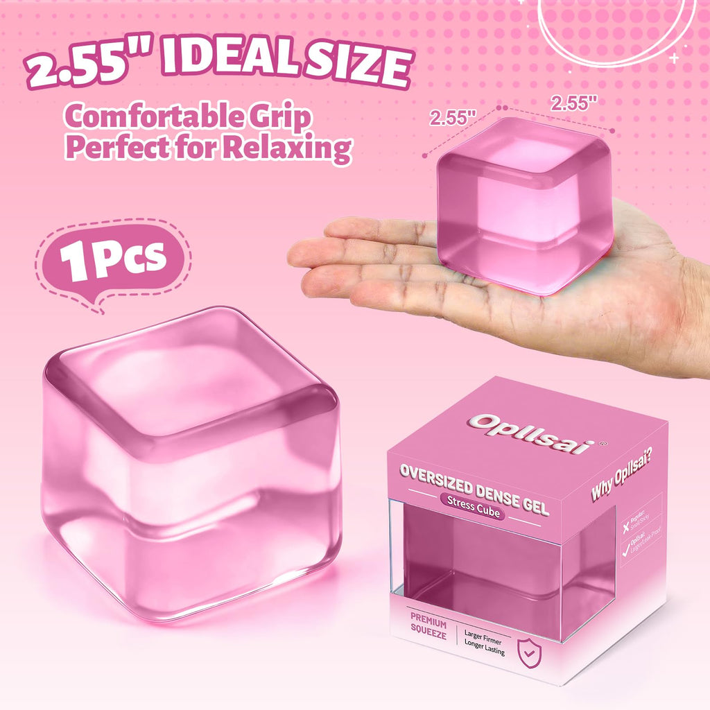 Oversized Dense Gel Stress Cube (2.55") - Firm Slow-Rise Fidget Toy - Leak-Proof Design for Anxiety Relief - Sensory Gift for Adults & Teens