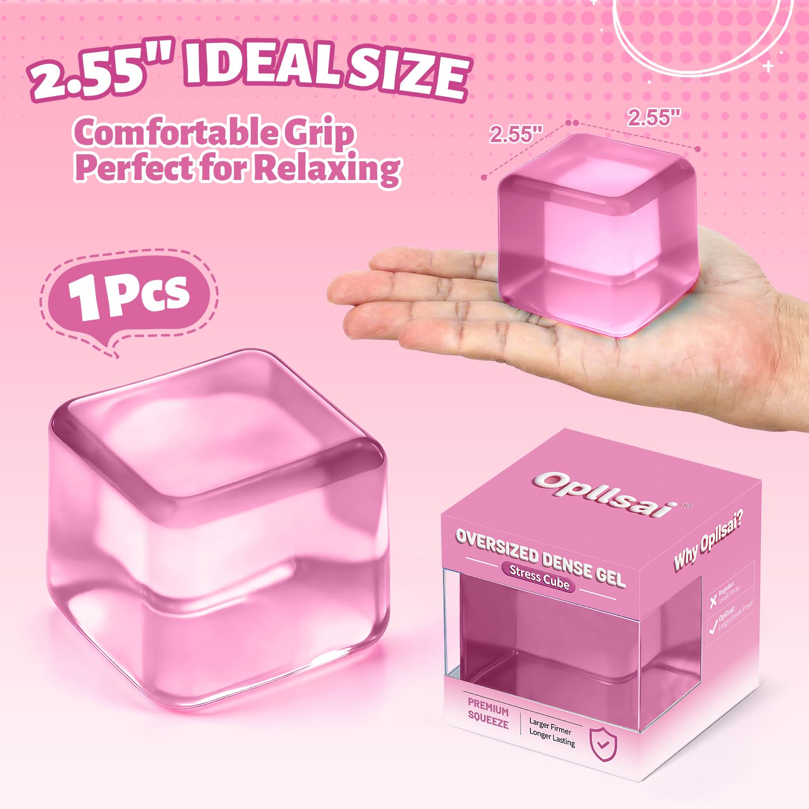 Oversized Dense Gel Stress Cube (2.55") - Firm Slow-Rise Fidget Toy - Leak-Proof Design for Anxiety Relief - Sensory Gift for Adults & Teens
