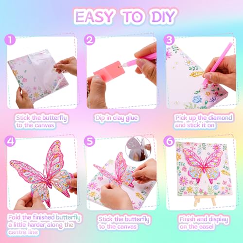 Ovveroche Butterfly Diamond Art Kit for Kids Ages 8-12 – 3D DIY Gem Painting with Stand, Pink