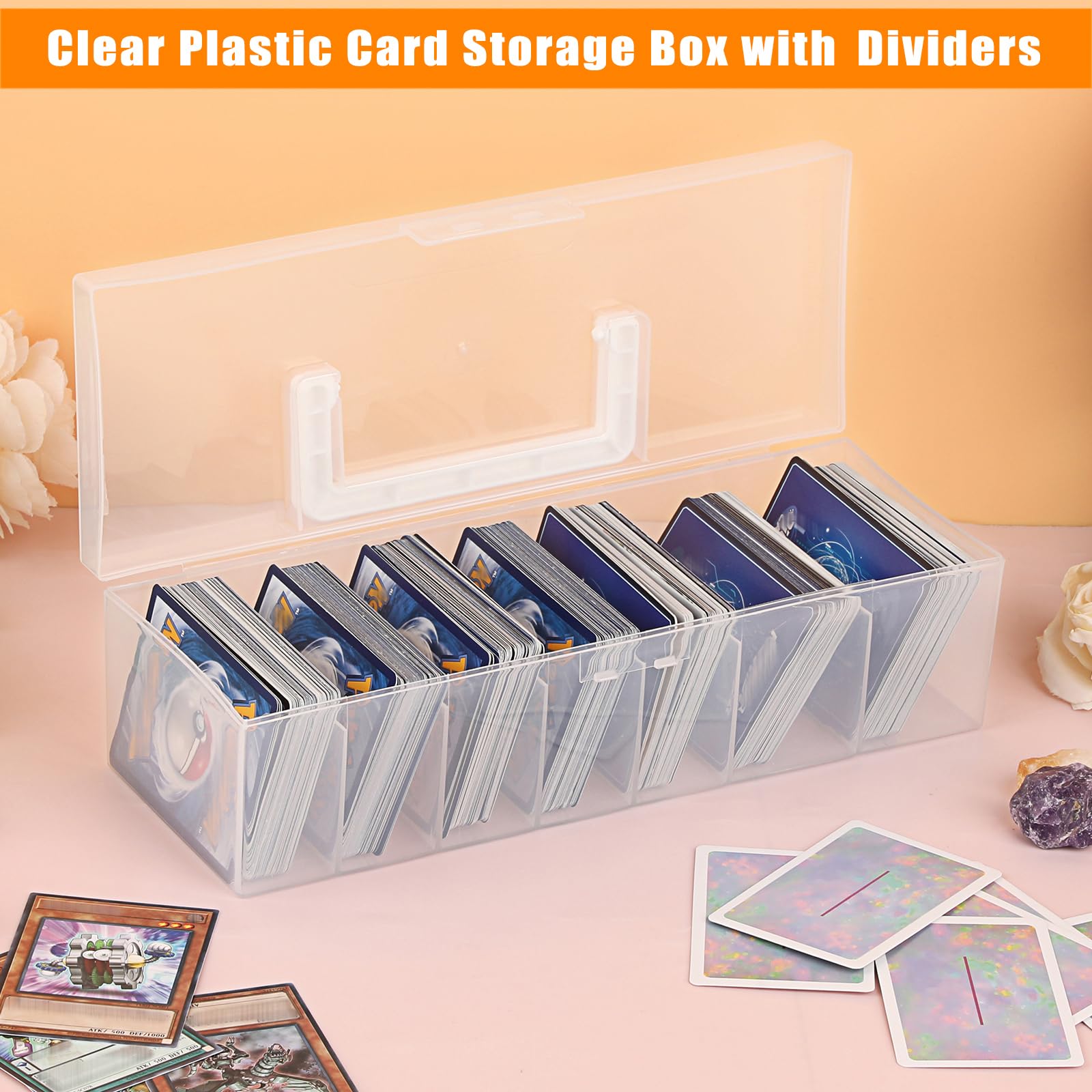 OwnMy Clear Plastic Trading Card Storage Box with Dividers - 11x4x3 Inch Portable Card Case for Sports, MTG, TCG Cards