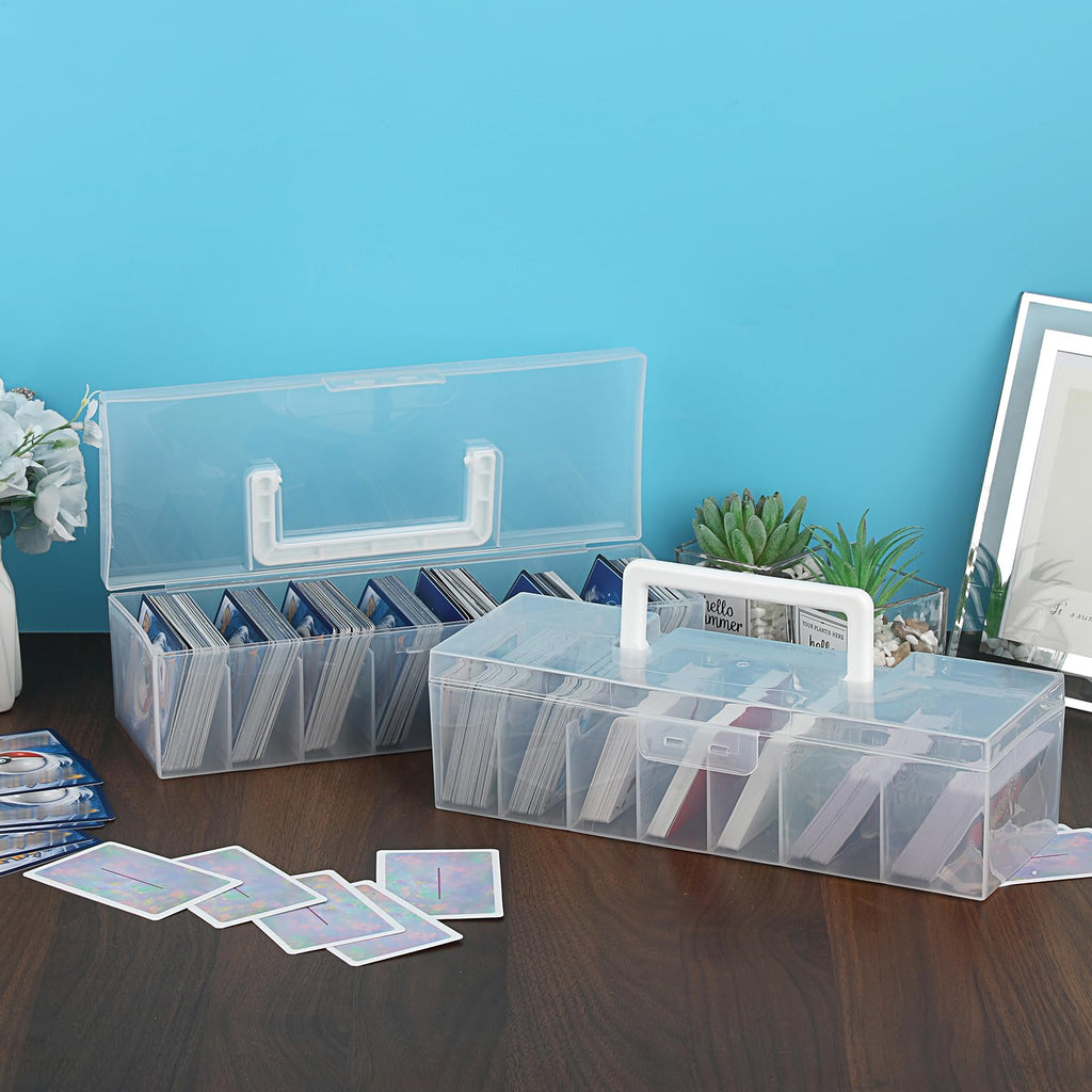 OwnMy Clear Plastic Trading Card Storage Box with Dividers - 11x4x3 Inch Portable Card Case for Sports, MTG, TCG Cards
