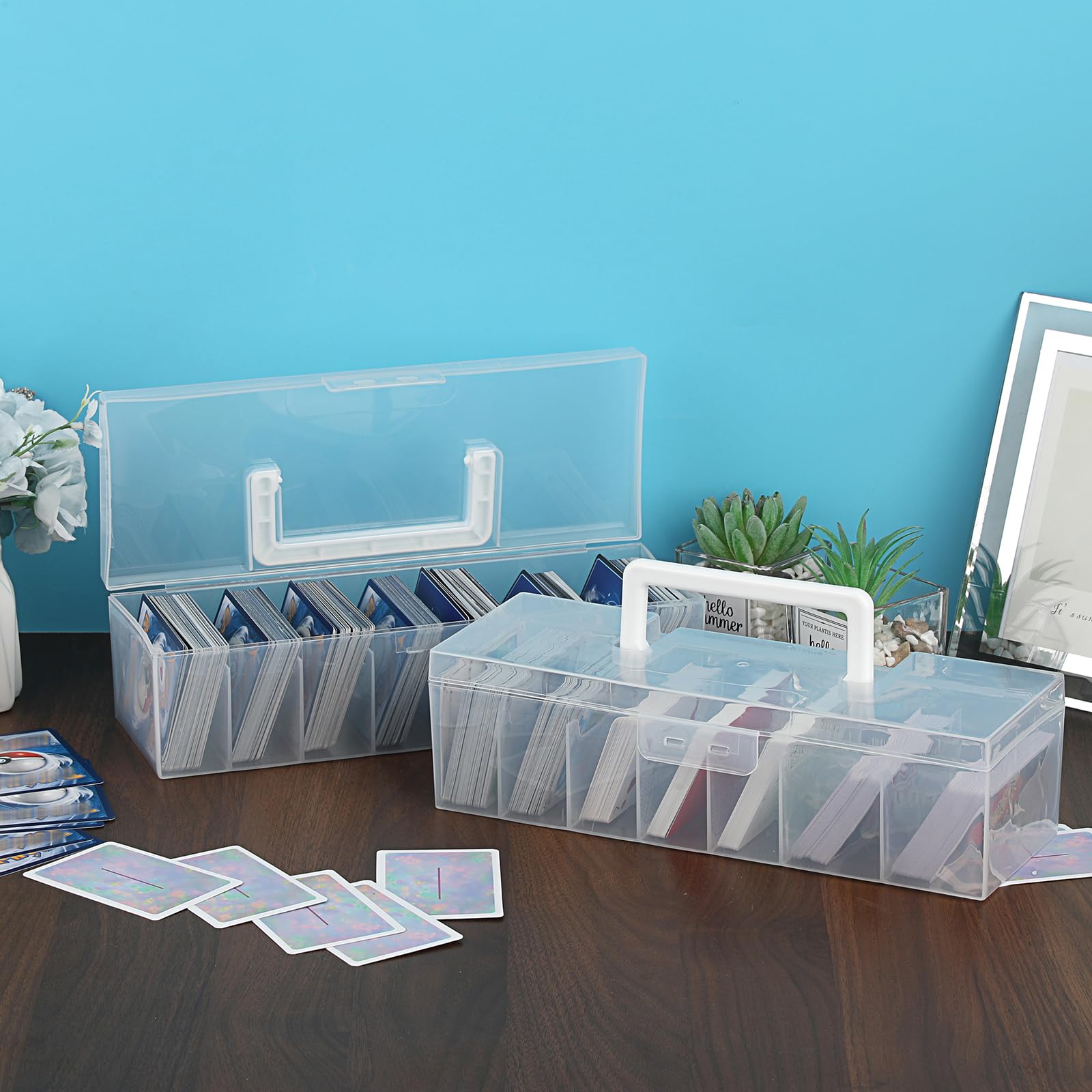OwnMy Clear Plastic Trading Card Storage Box with Dividers - 11x4x3 Inch Portable Card Case for Sports, MTG, TCG Cards