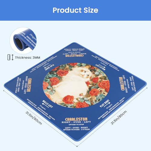 OWOOSNI 31.5 Inch Non-Slip Mahjong Mat with Vintage Cat and Rose Design, Foldable with Carrying Bag
