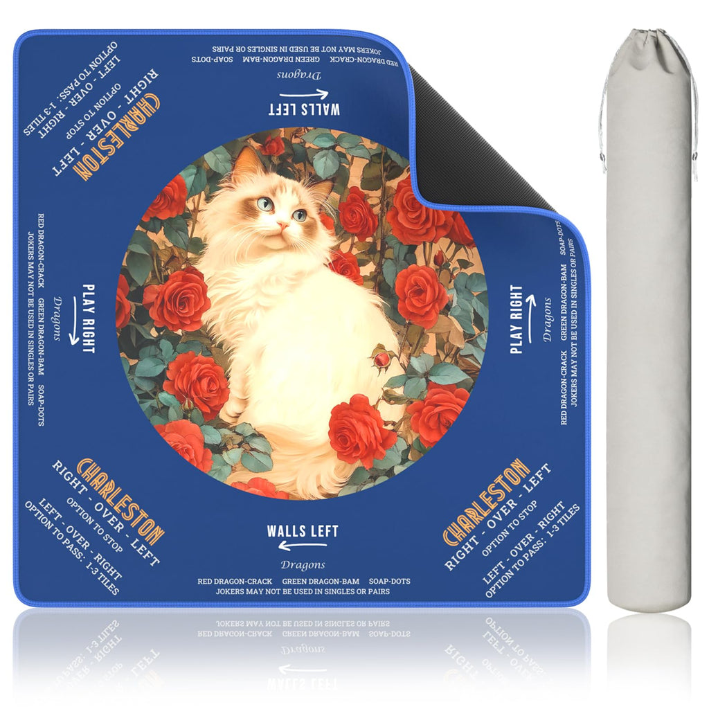 OWOOSNI 31.5 Inch Non-Slip Mahjong Mat with Vintage Cat and Rose Design, Foldable with Carrying Bag