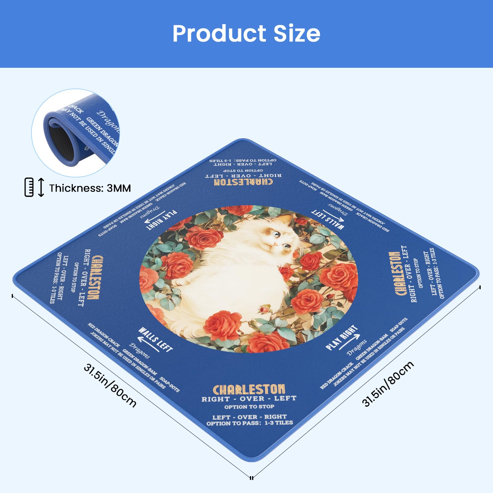 OWOOSNI 31.5 Inch Non-Slip Mahjong Mat with Vintage Cat and Rose Design, Foldable with Carrying Bag