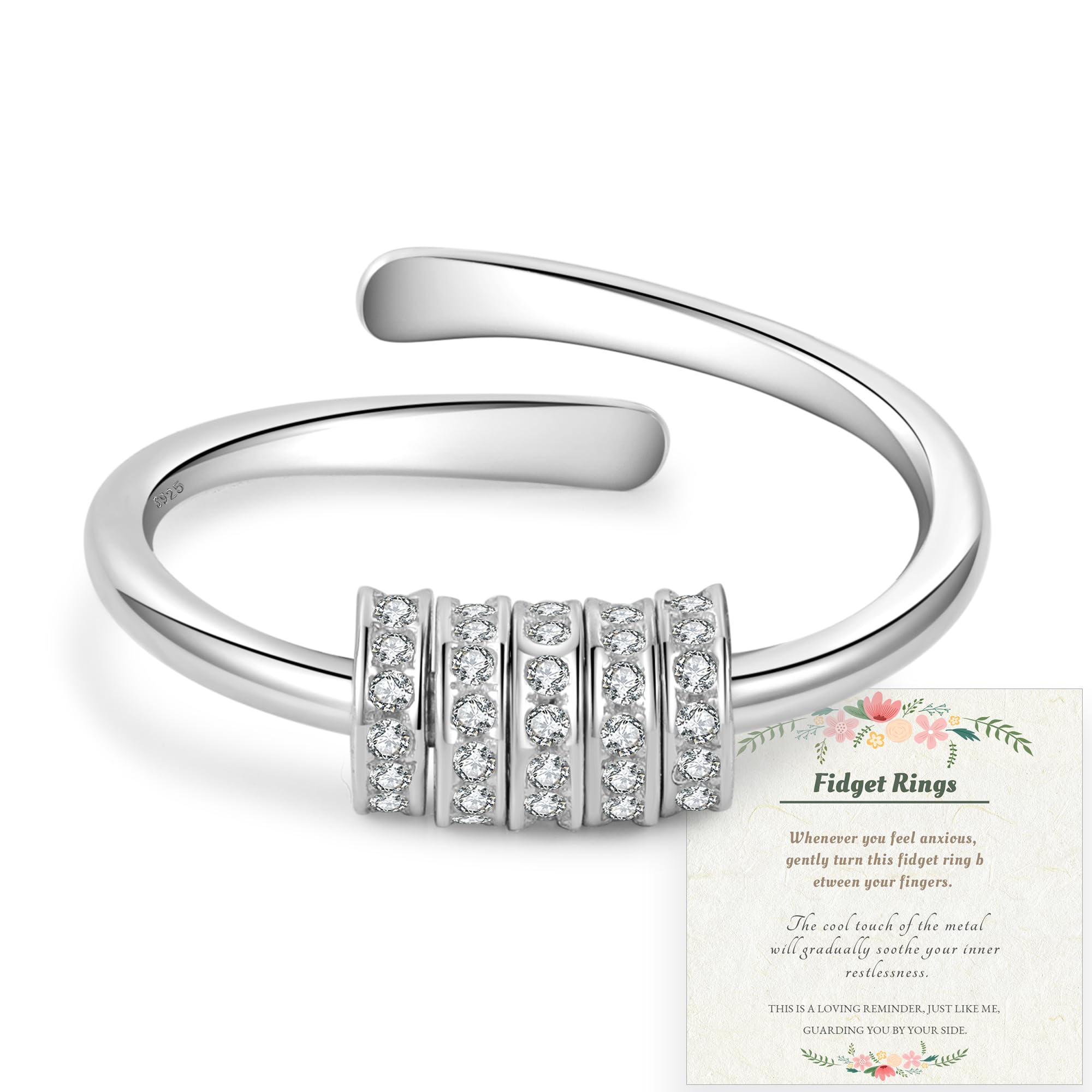 PABBEU Adjustable 925 Sterling Silver Fidget Ring with Cubic Zirconia – Spinner Ring for Women