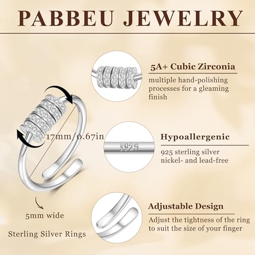 PABBEU Adjustable 925 Sterling Silver Fidget Ring with Cubic Zirconia – Spinner Ring for Women