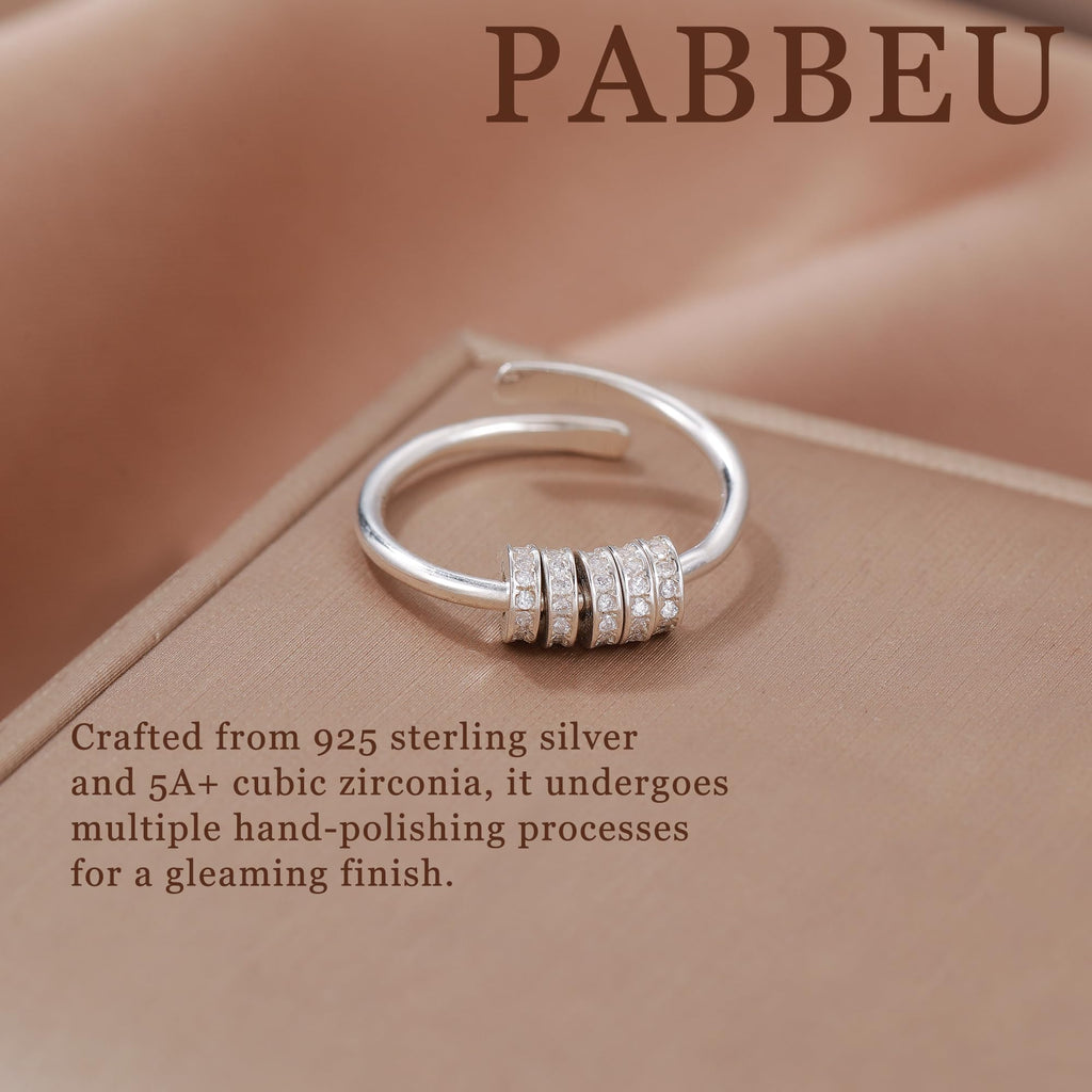 PABBEU Adjustable 925 Sterling Silver Fidget Ring with Cubic Zirconia – Spinner Ring for Women