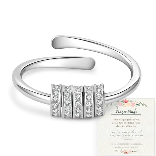 PABBEU Adjustable 925 Sterling Silver Fidget Ring with Cubic Zirconia – Spinner Ring for Women