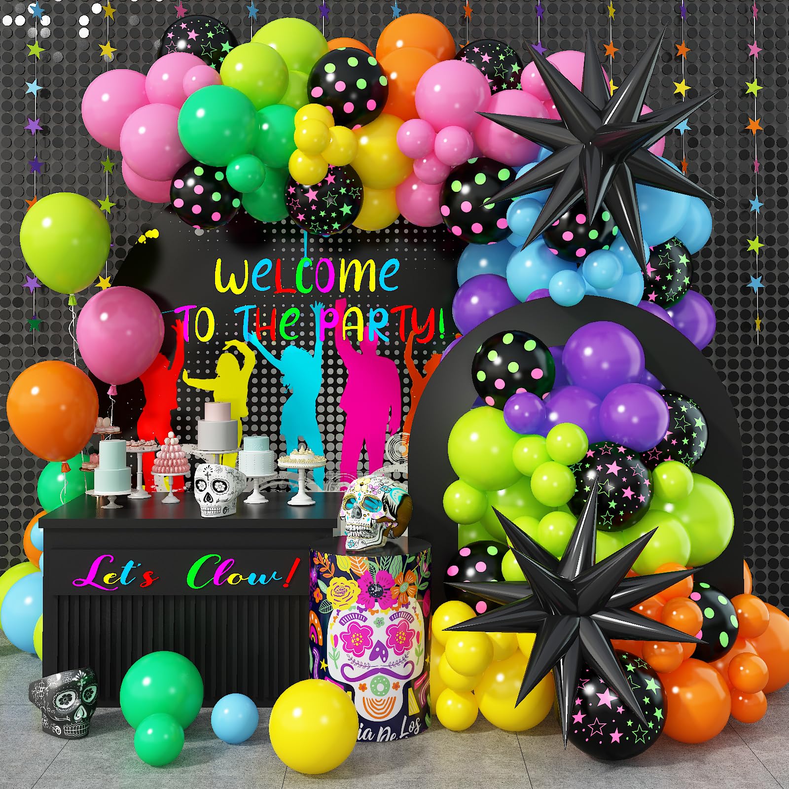 Paeyeq 137-Piece Rainbow Balloon Arch Kit with Glow-in-the-Dark Stars for Disco Parties