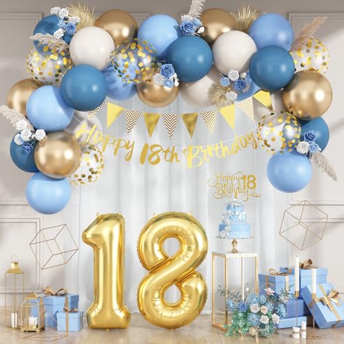 Paeyeq 18th Birthday Decorations Set – Dusty Blue, Cream & Gold Balloons, Banner, Cake Topper for Girls & Boys