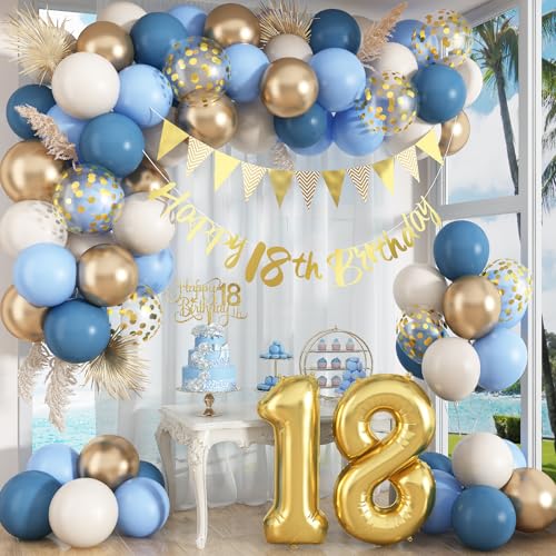 Paeyeq 18th Birthday Decorations Set – Dusty Blue, Cream & Gold Balloons, Banner, Cake Topper for Girls & Boys