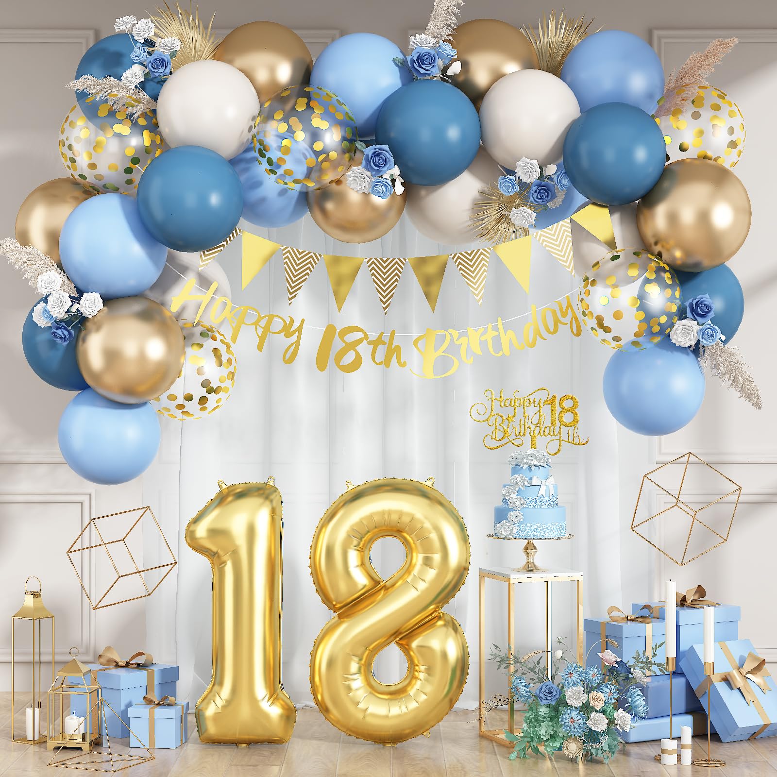 Paeyeq 18th Birthday Decorations Set – Dusty Blue, Cream & Gold Balloons, Banner, Cake Topper for Girls & Boys