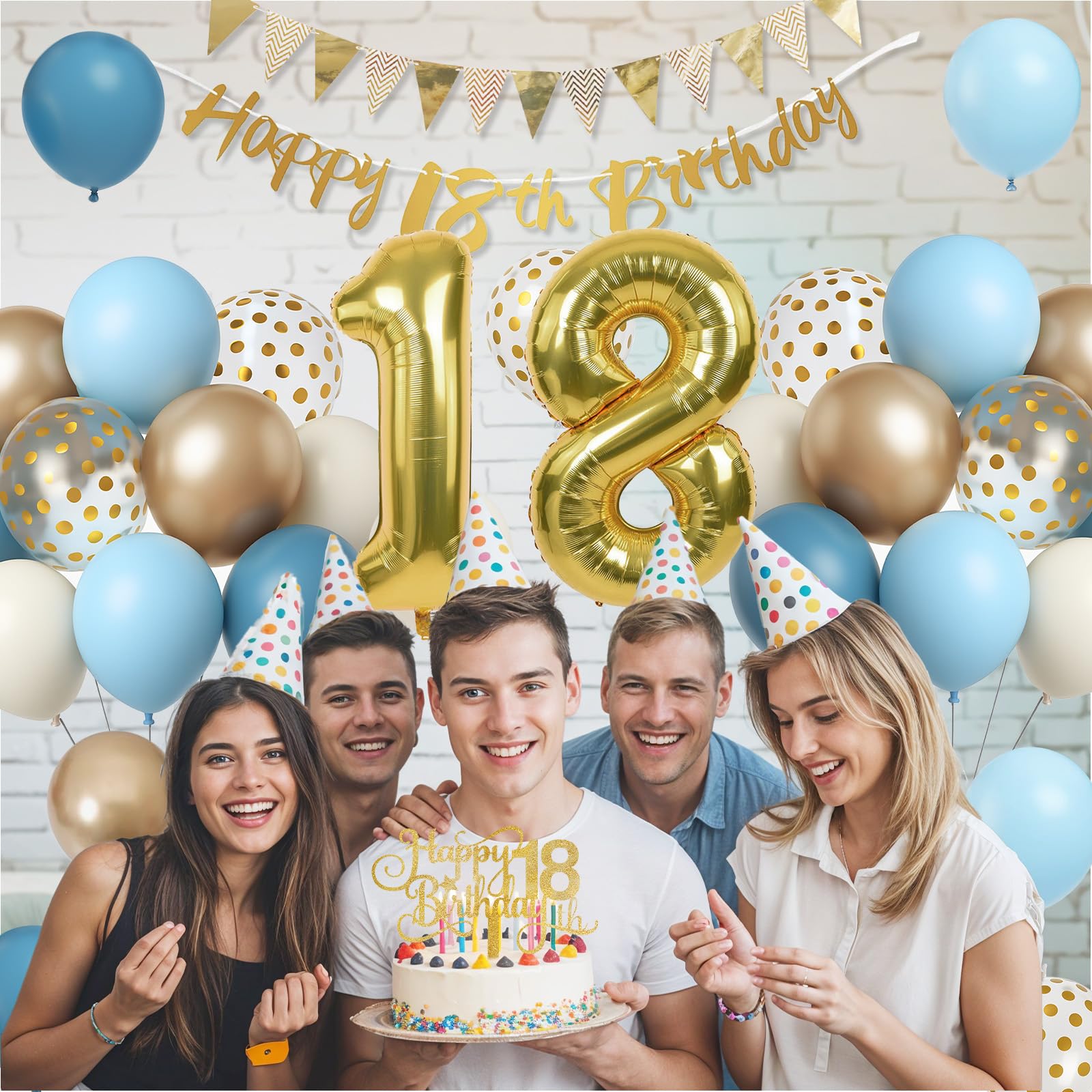 Paeyeq 18th Birthday Decorations Set – Dusty Blue, Cream & Gold Balloons, Banner, Cake Topper for Girls & Boys