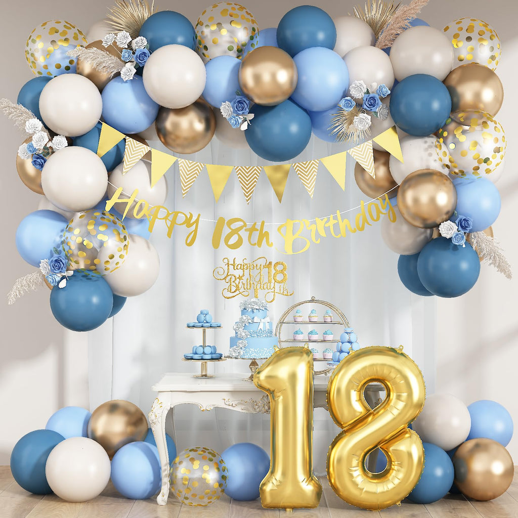 Paeyeq 18th Birthday Decorations Set – Dusty Blue, Cream & Gold Balloons, Banner, Cake Topper for Girls & Boys