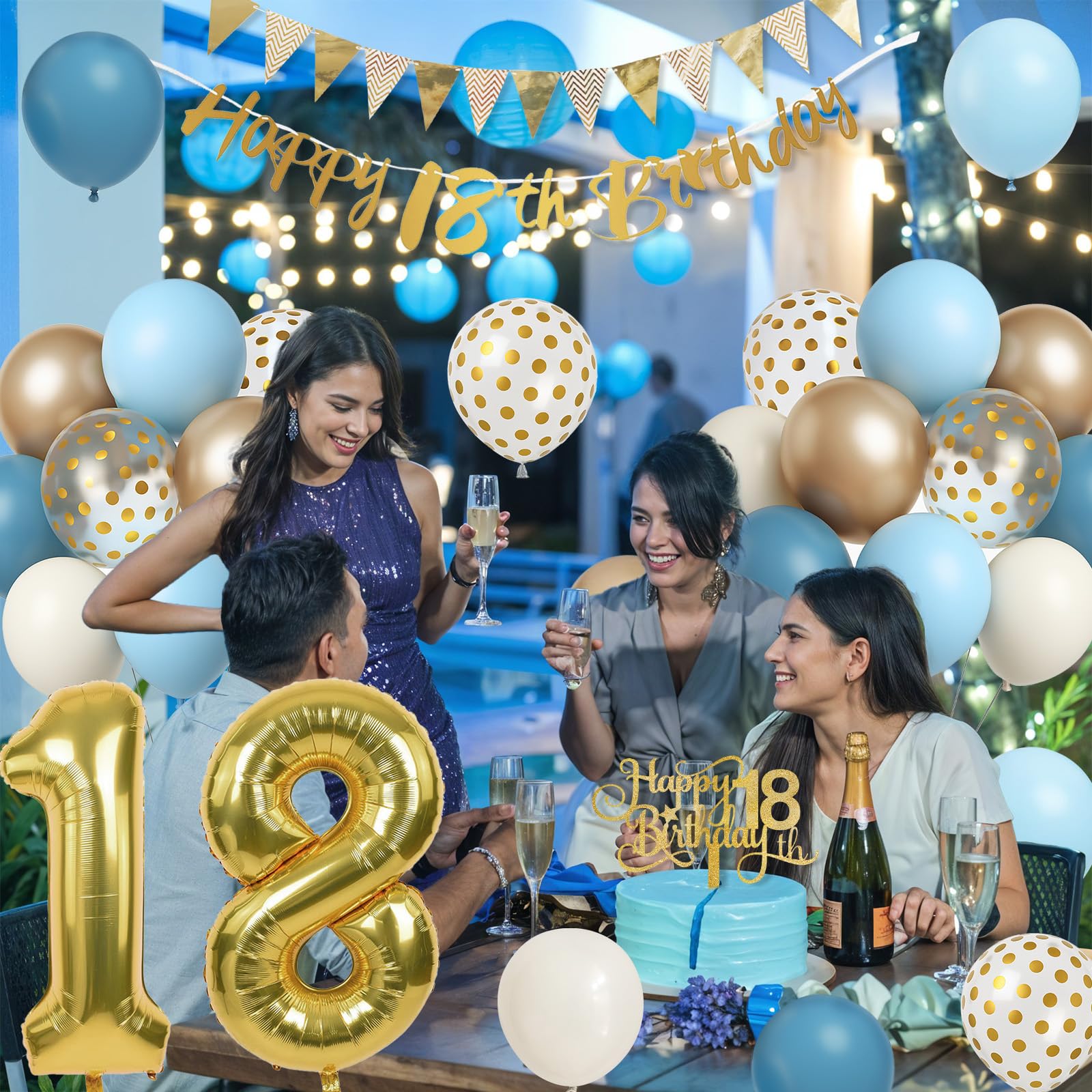 Paeyeq 18th Birthday Decorations Set – Dusty Blue, Cream & Gold Balloons, Banner, Cake Topper for Girls & Boys