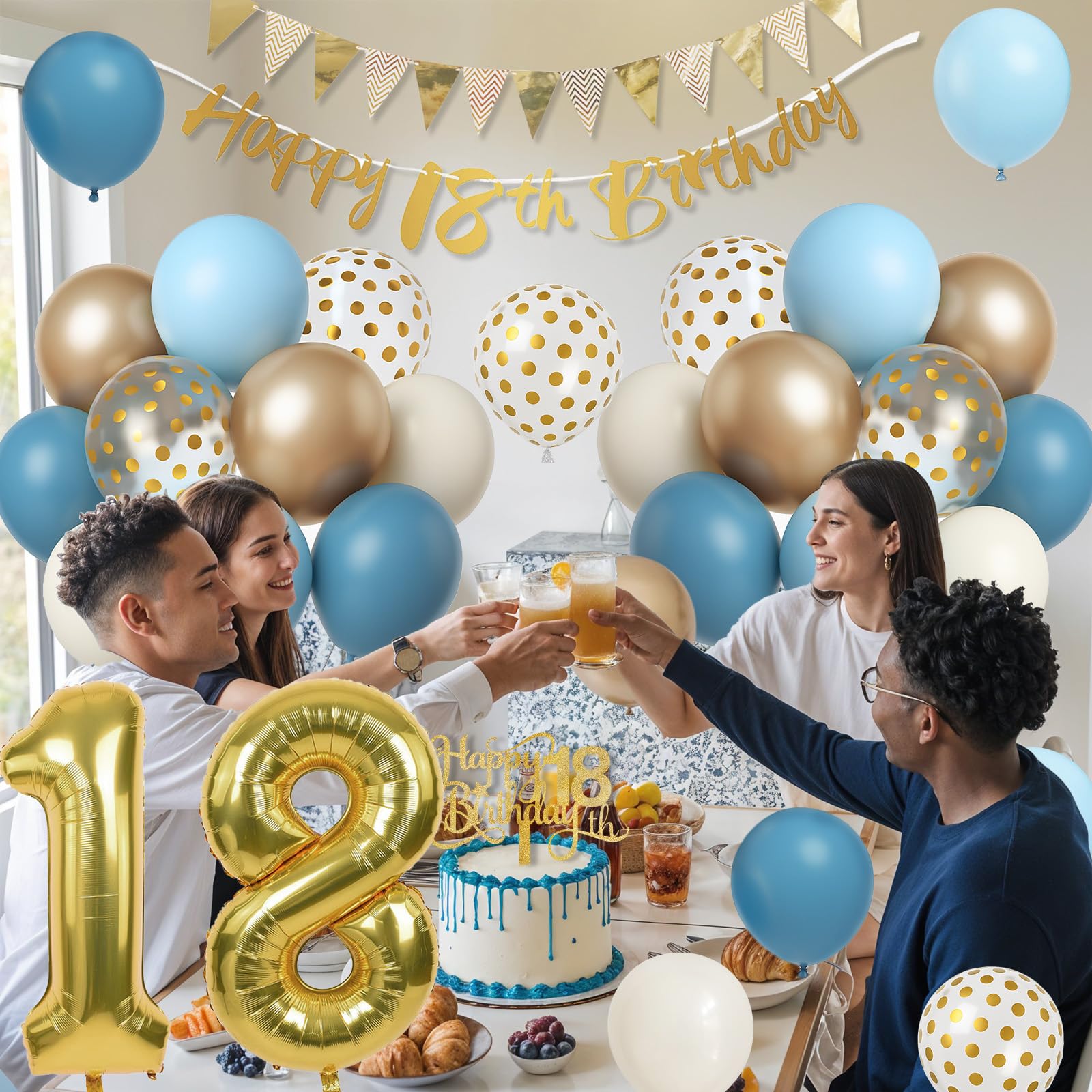 Paeyeq 18th Birthday Decorations Set – Dusty Blue, Cream & Gold Balloons, Banner, Cake Topper for Girls & Boys