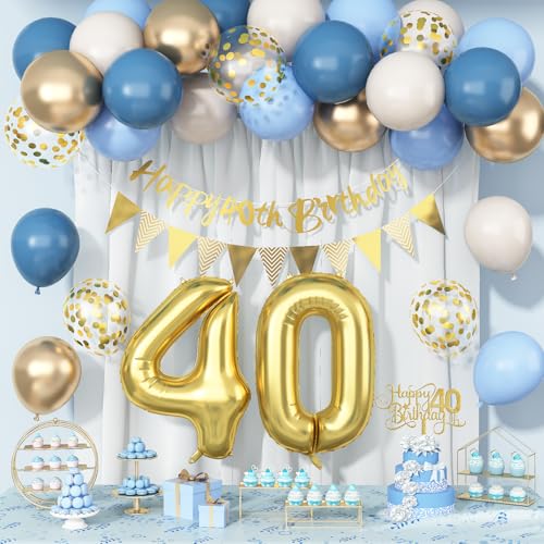 Paeyeq 40th Birthday Decorations Set - Dusty Blue Gold 40 Balloons, Bunting Banner & Cake Topper for Women Men