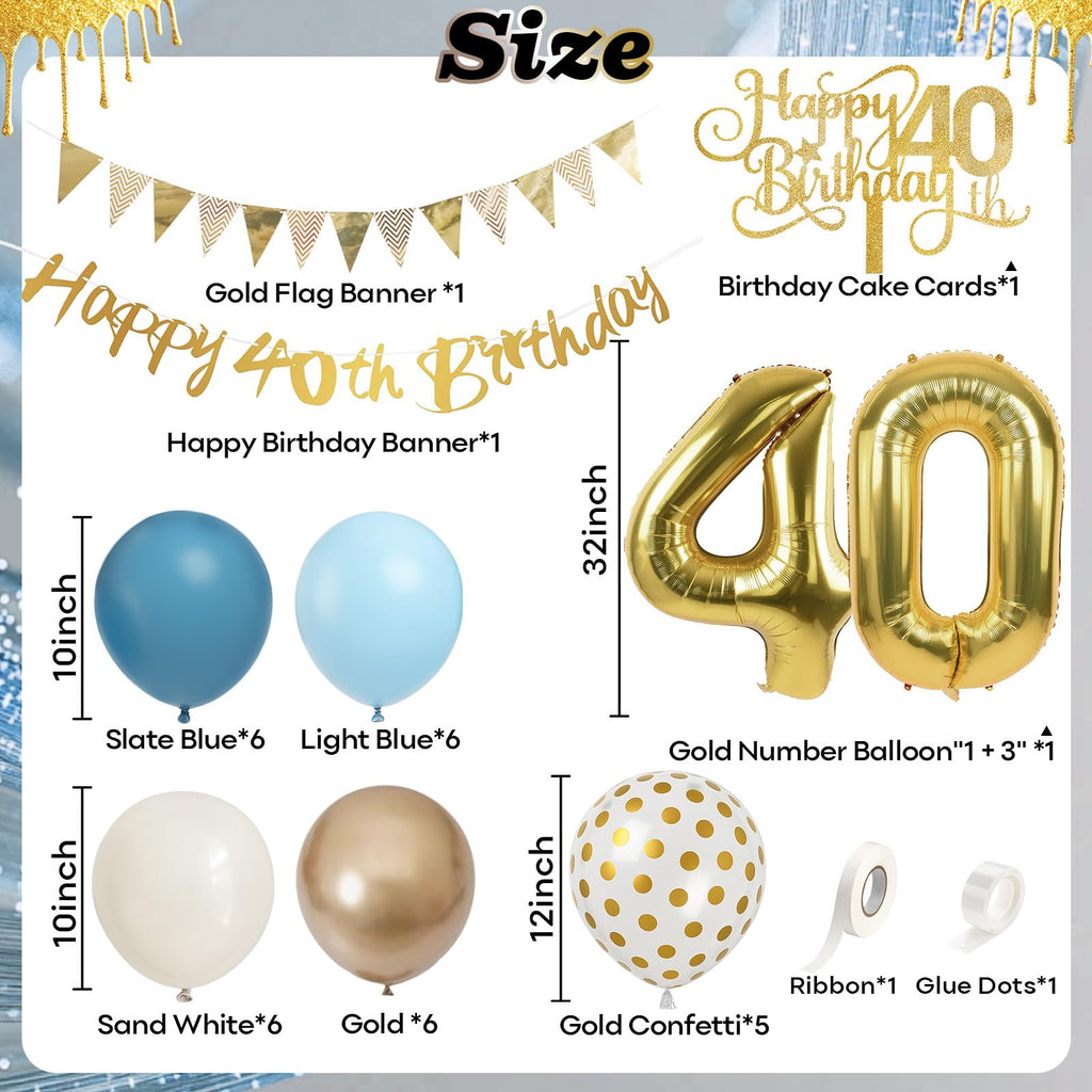 Paeyeq 40th Birthday Decorations Set - Dusty Blue Gold 40 Balloons, Bunting Banner & Cake Topper for Women Men