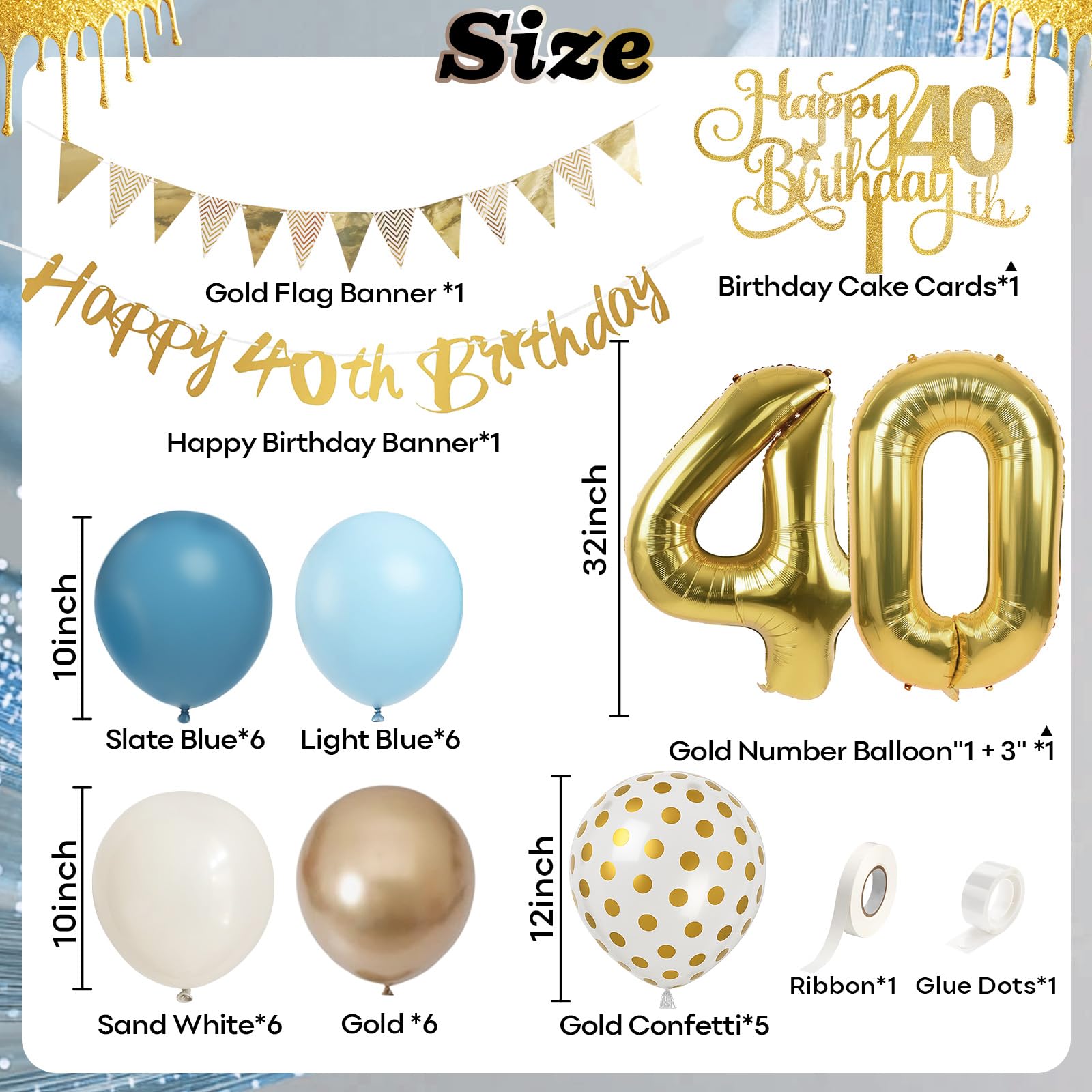 Paeyeq 40th Birthday Decorations Set - Dusty Blue Gold 40 Balloons, Bunting Banner & Cake Topper for Women Men