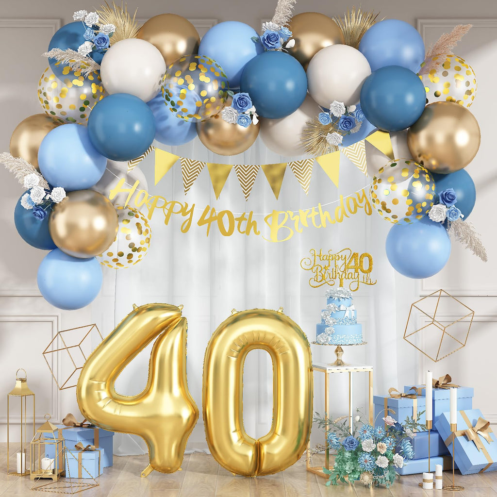 Paeyeq 40th Birthday Decorations Set - Dusty Blue Gold 40 Balloons, Bunting Banner & Cake Topper for Women Men