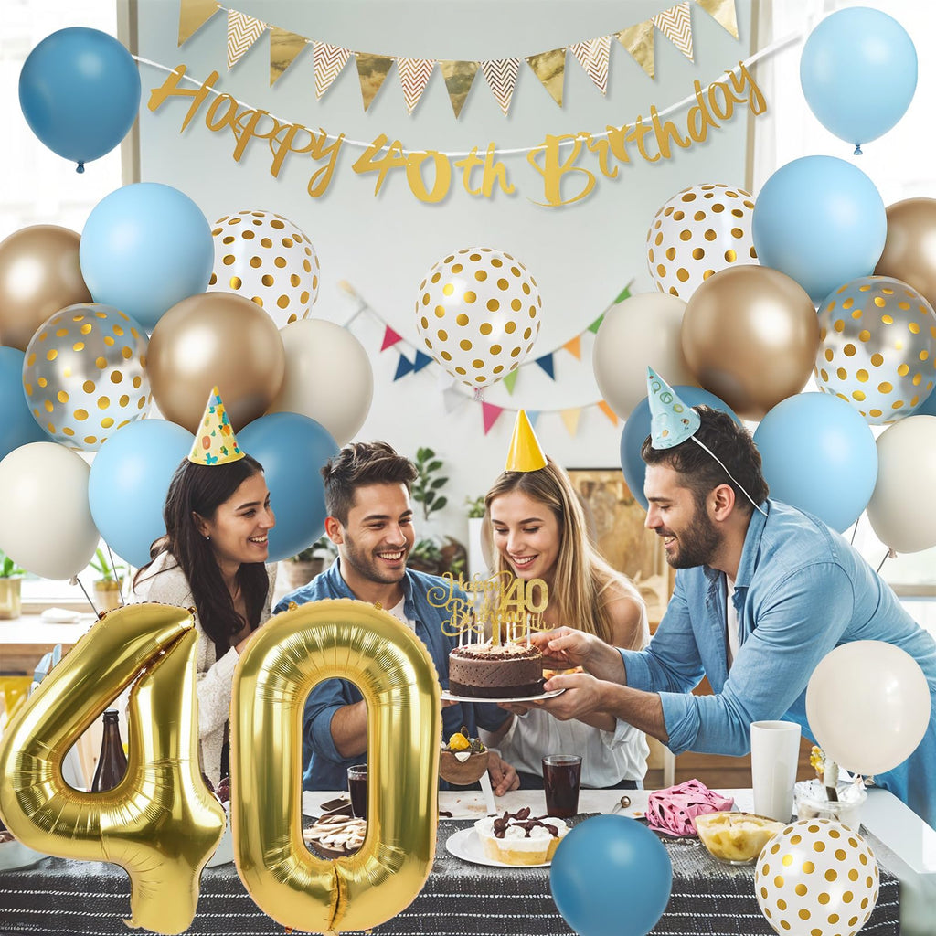 Paeyeq 40th Birthday Decorations Set - Dusty Blue Gold 40 Balloons, Bunting Banner & Cake Topper for Women Men