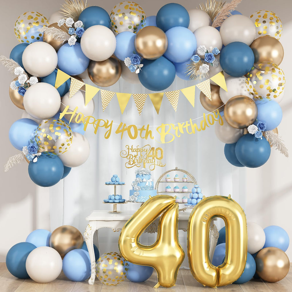 Paeyeq 40th Birthday Decorations Set - Dusty Blue Gold 40 Balloons, Bunting Banner & Cake Topper for Women Men